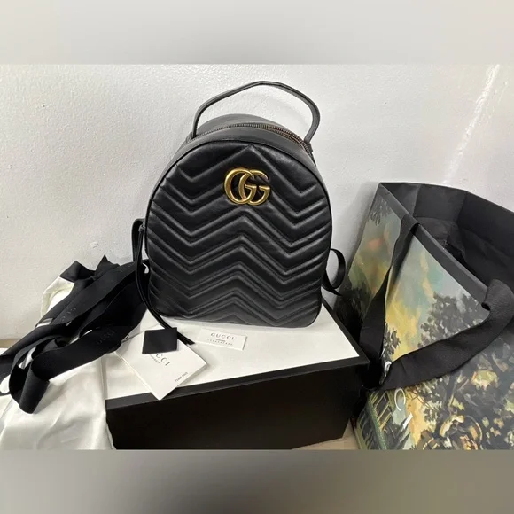 Gucci Black Double G Marmont Mini Backpack with Gold Hardware - Picture 1 of 11